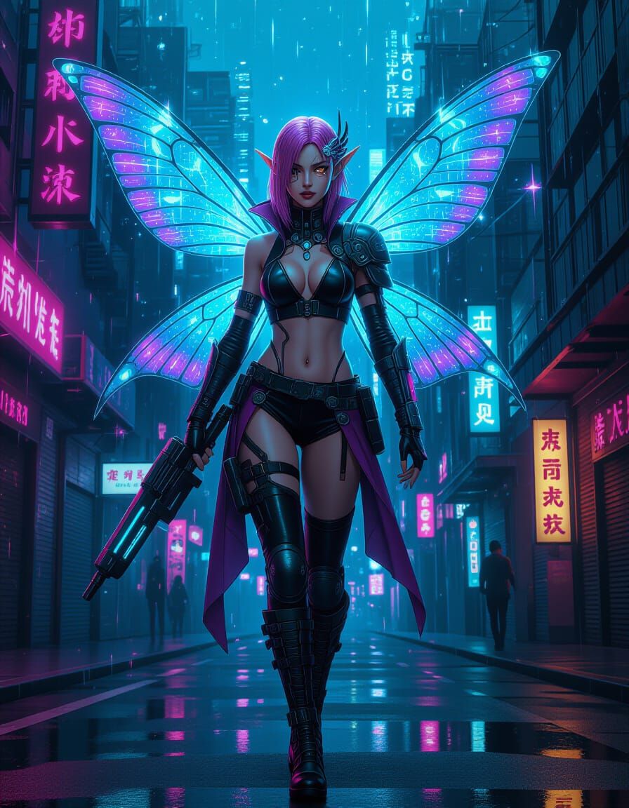 Cyberpunk Fairy in Neon Cityscape