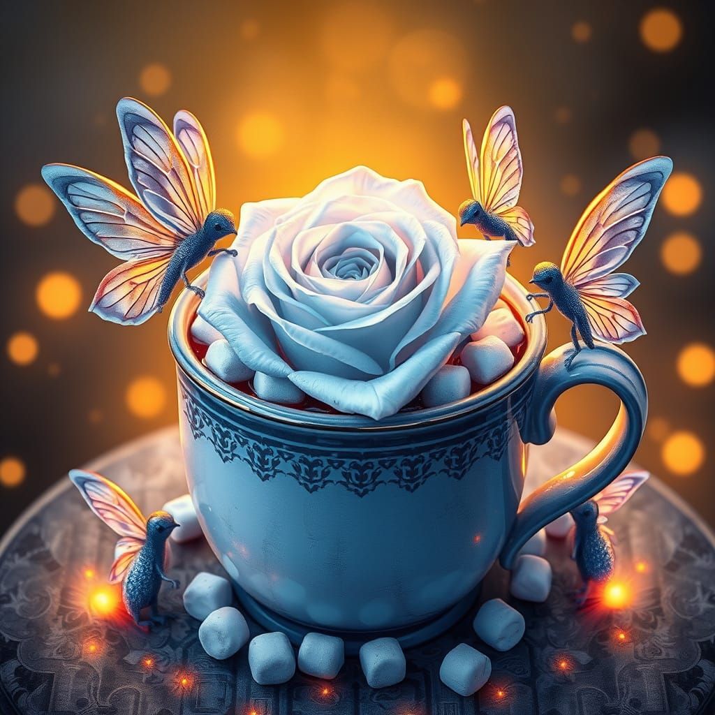 Pale Blue Rose in Hot Chocolate Mug with Fairies