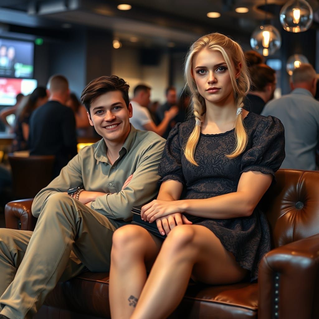 A Masculine Figure in Crossdressing Attire in a Modern Bar