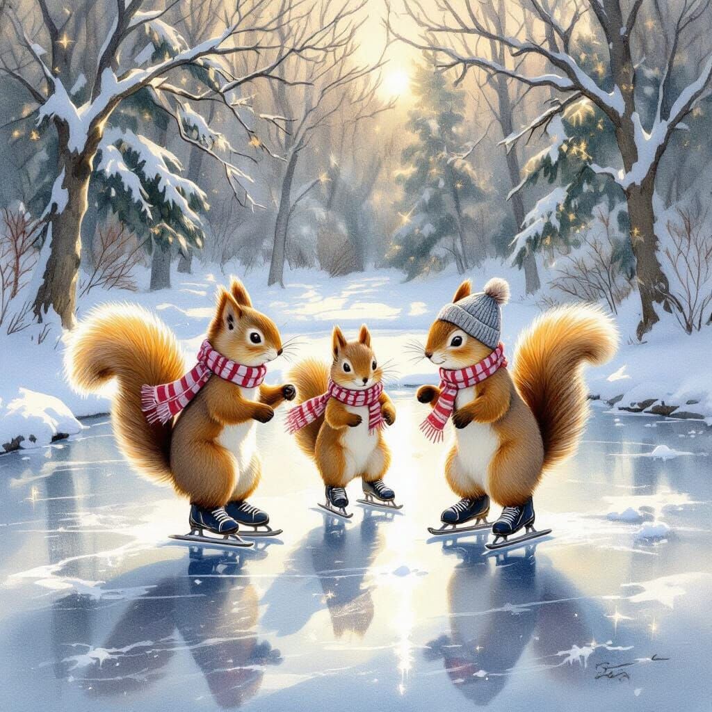 A whimsical scene of a family of squirrels ice skating on a ...