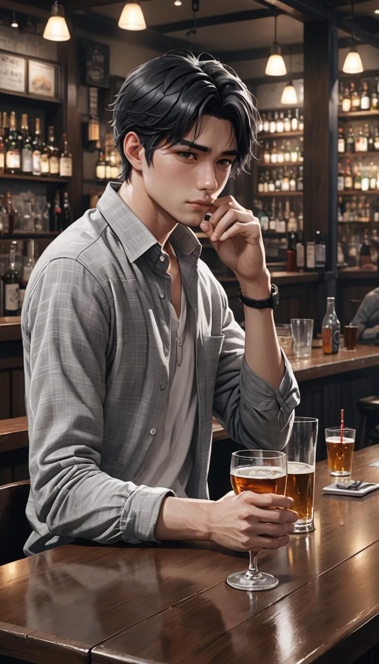 Lonely Man Drinking in Bar: 3D Anime Art
