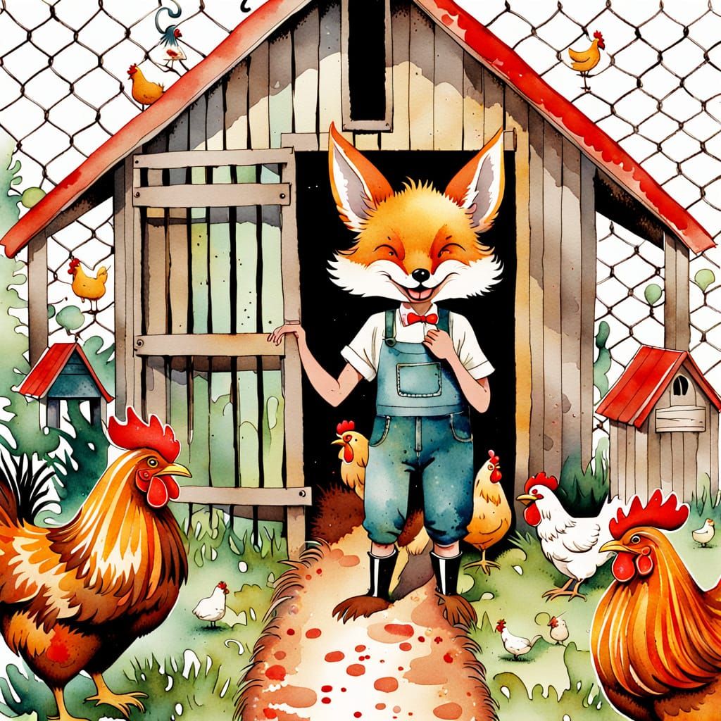 Whimsical Vintage Fox in a Cozy Hen House Scene