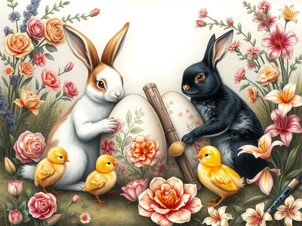 Whimsical Easter Scene with Bunnies Painting Eggs