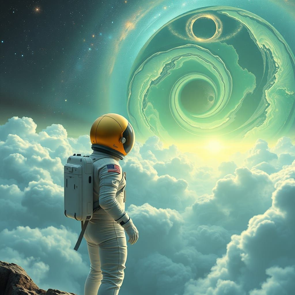 Futuristic Astronaut at the Edge of the Emerald Galaxy