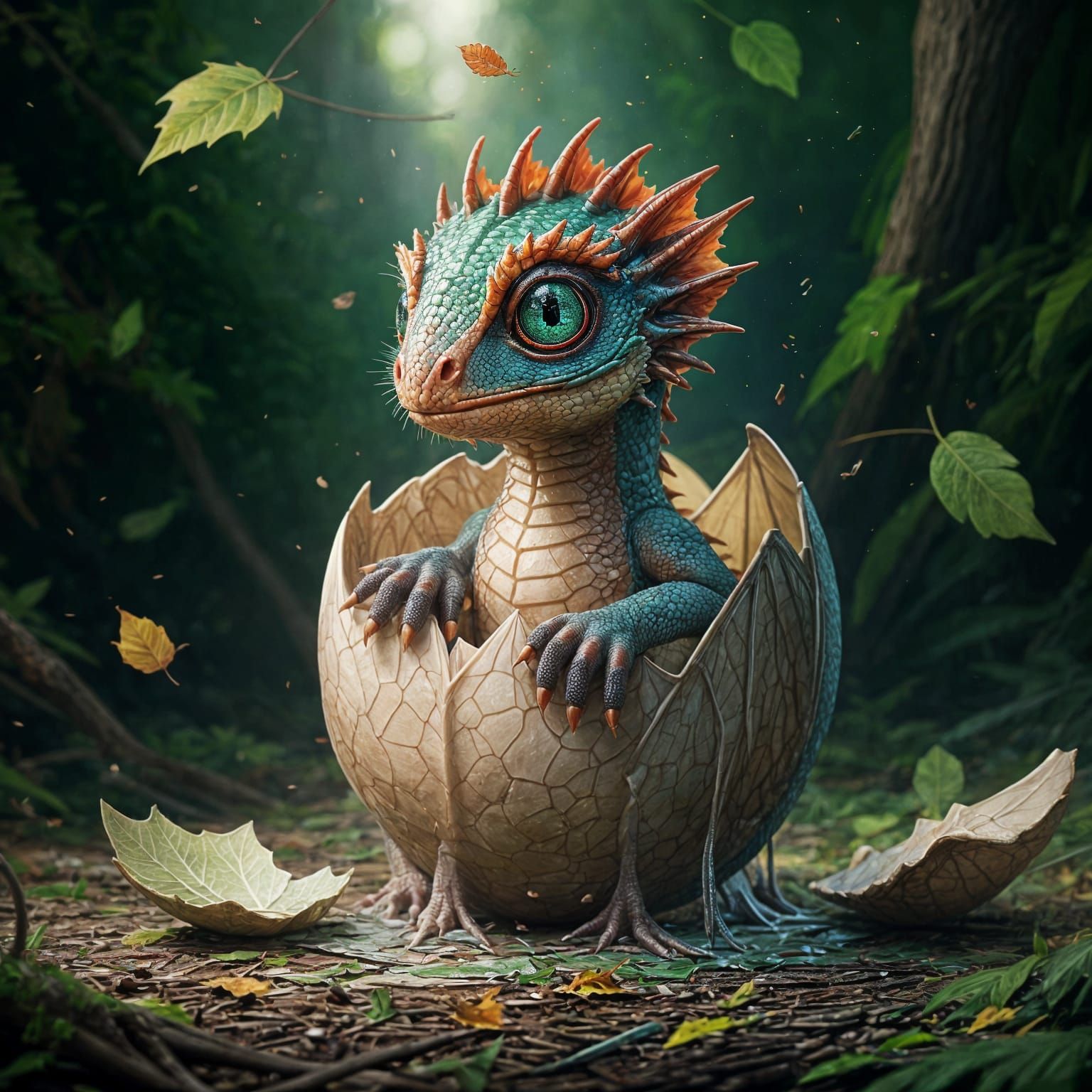 Hatching Dragon with Captivating Eyes in Forest