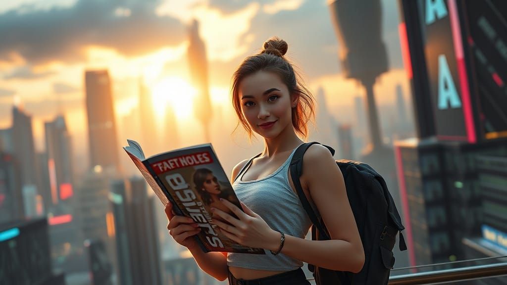 Futuristic Woman in Cityscape: 3D Game Cinematic Art
