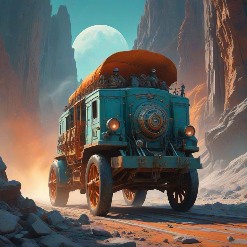Lunar Journey: Horses Pull Wagon Through Sci-Fi Landscape
