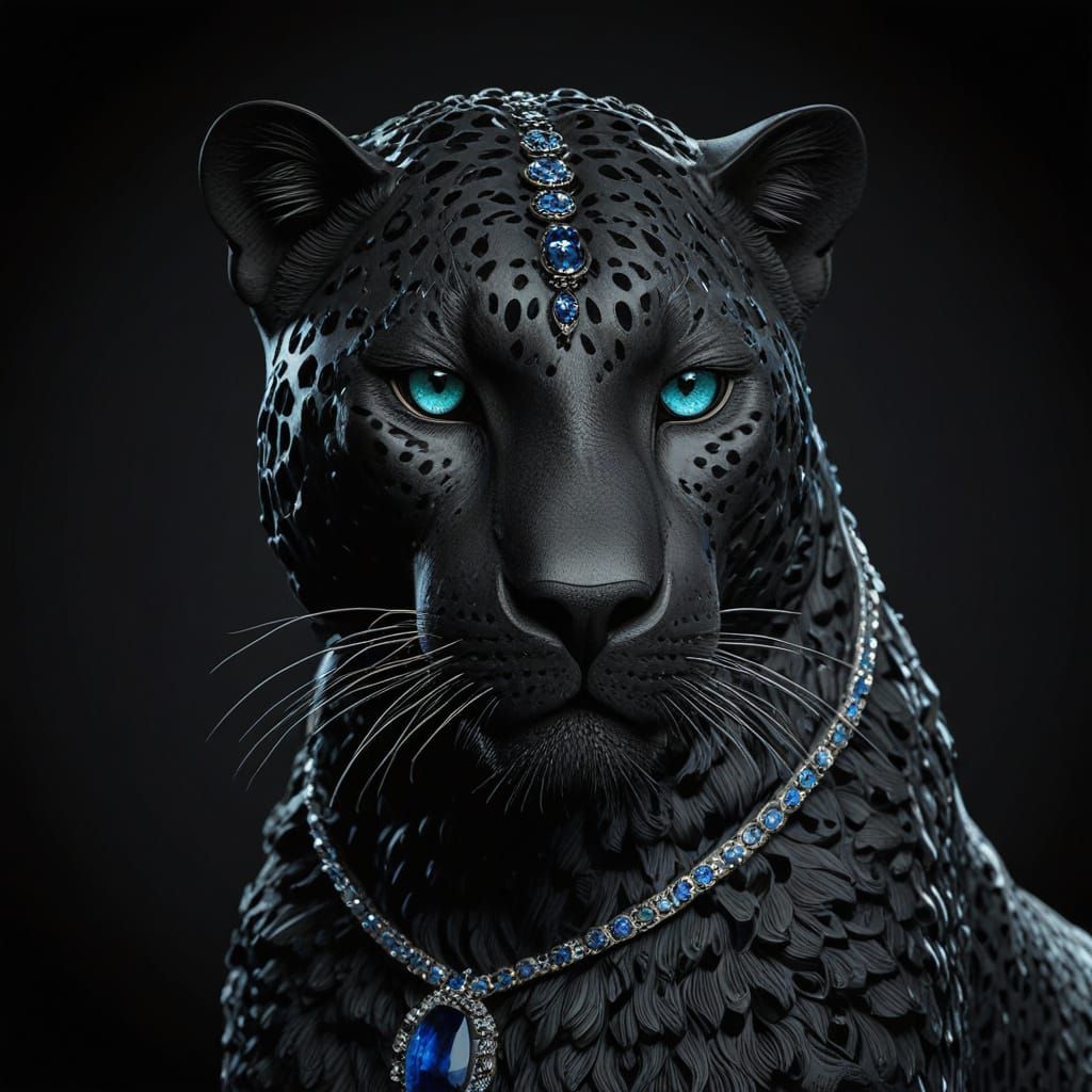 Black Puma Queen Sculpture in Gemstones and Obsidian