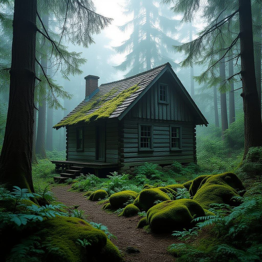 Misty Forest Cabin: Vintage Photograph in Soft Tones