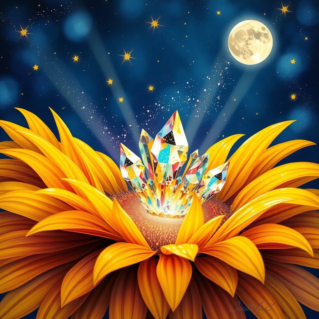 Whimsical Sunflower Blooms Under Starry Night Sky