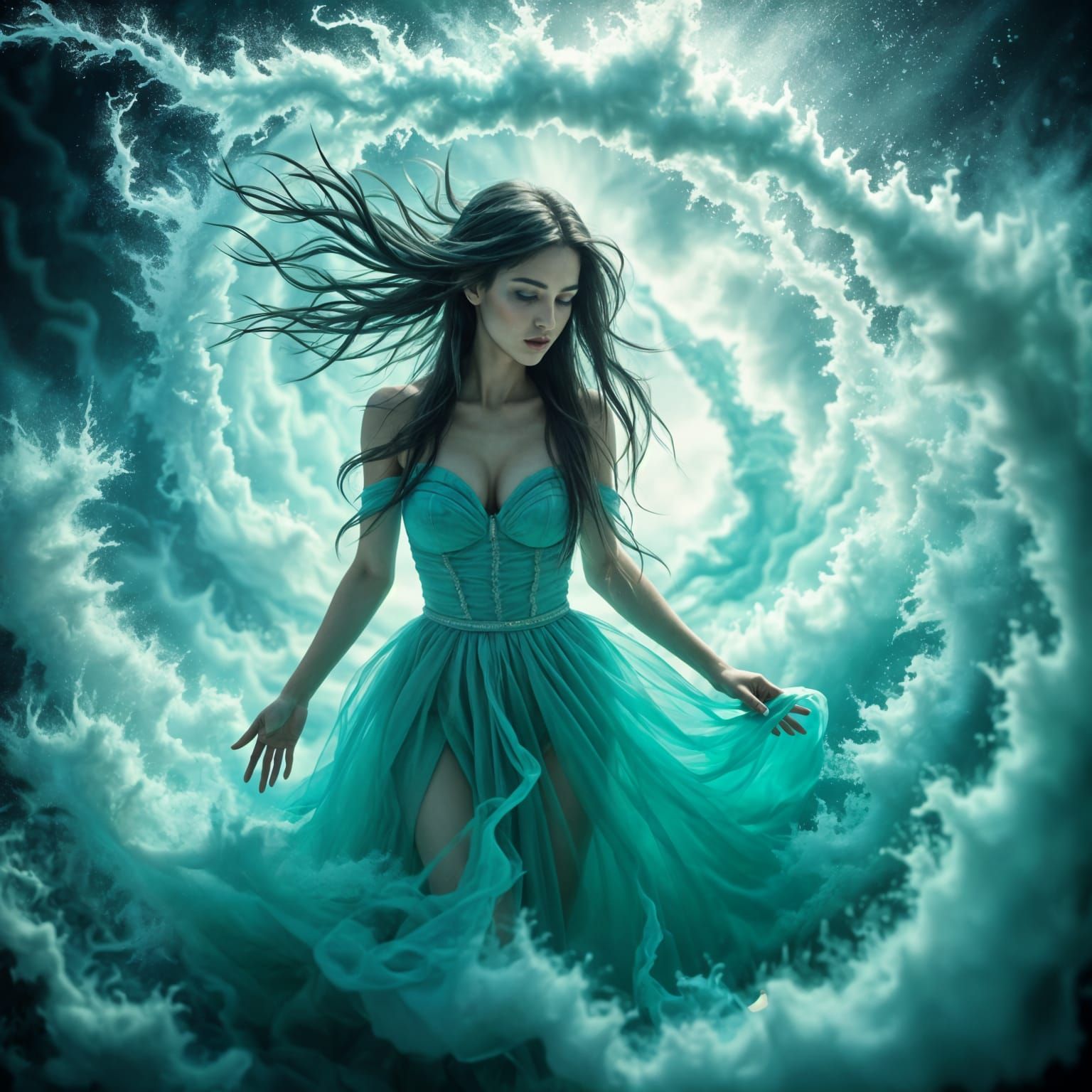 Turquoise Goddess in Cinematic Hyperrealism