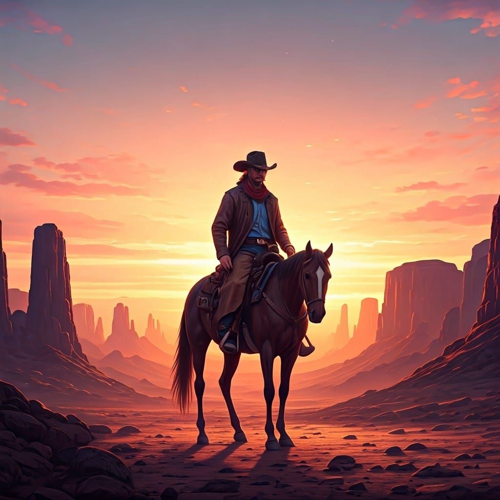Cowboy Rides into Sunset: 3D Rendered Concept Art