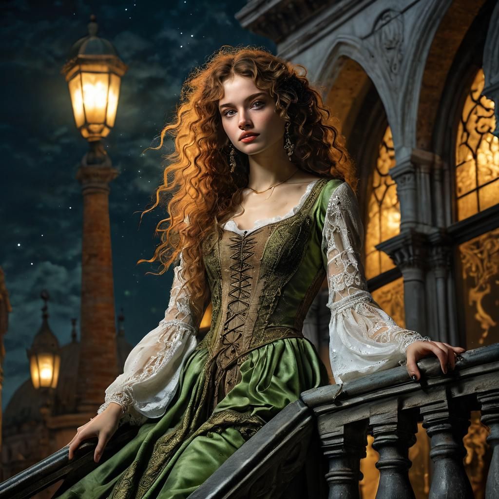 Venetian Woman on Balcony in Renaissance Gothic Style