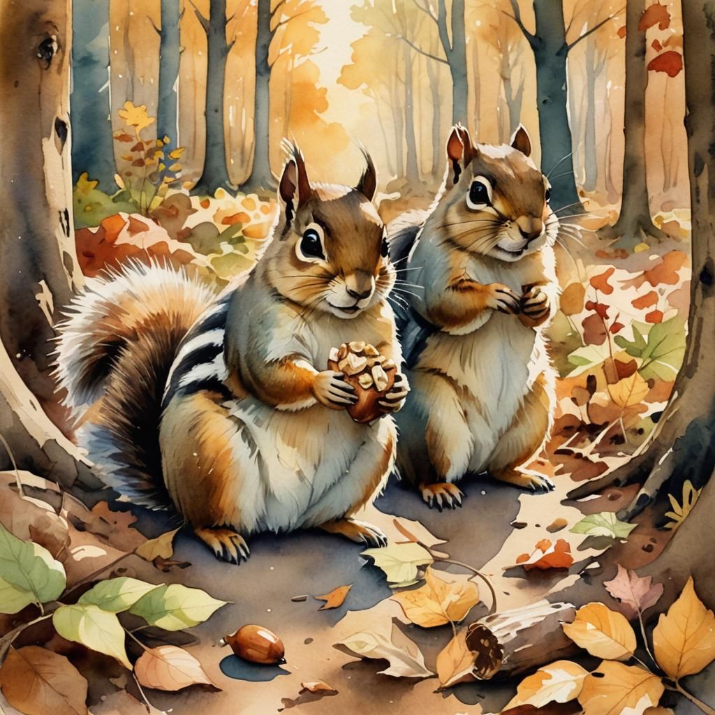 Whimsical Watercolor Squirrels Share a Peanut in Autumn