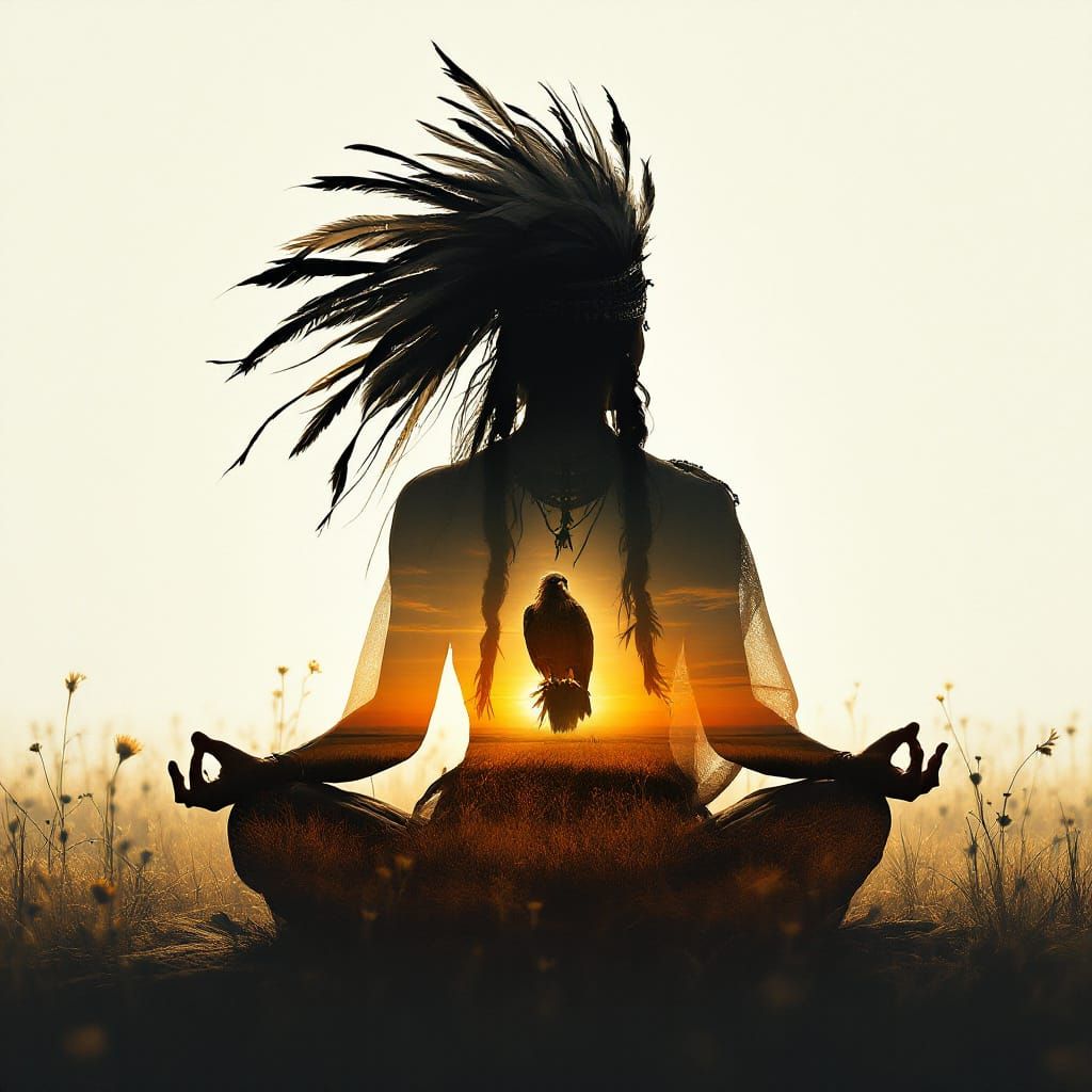 Native Warrior Woman Meditating with Hawk in Meadow