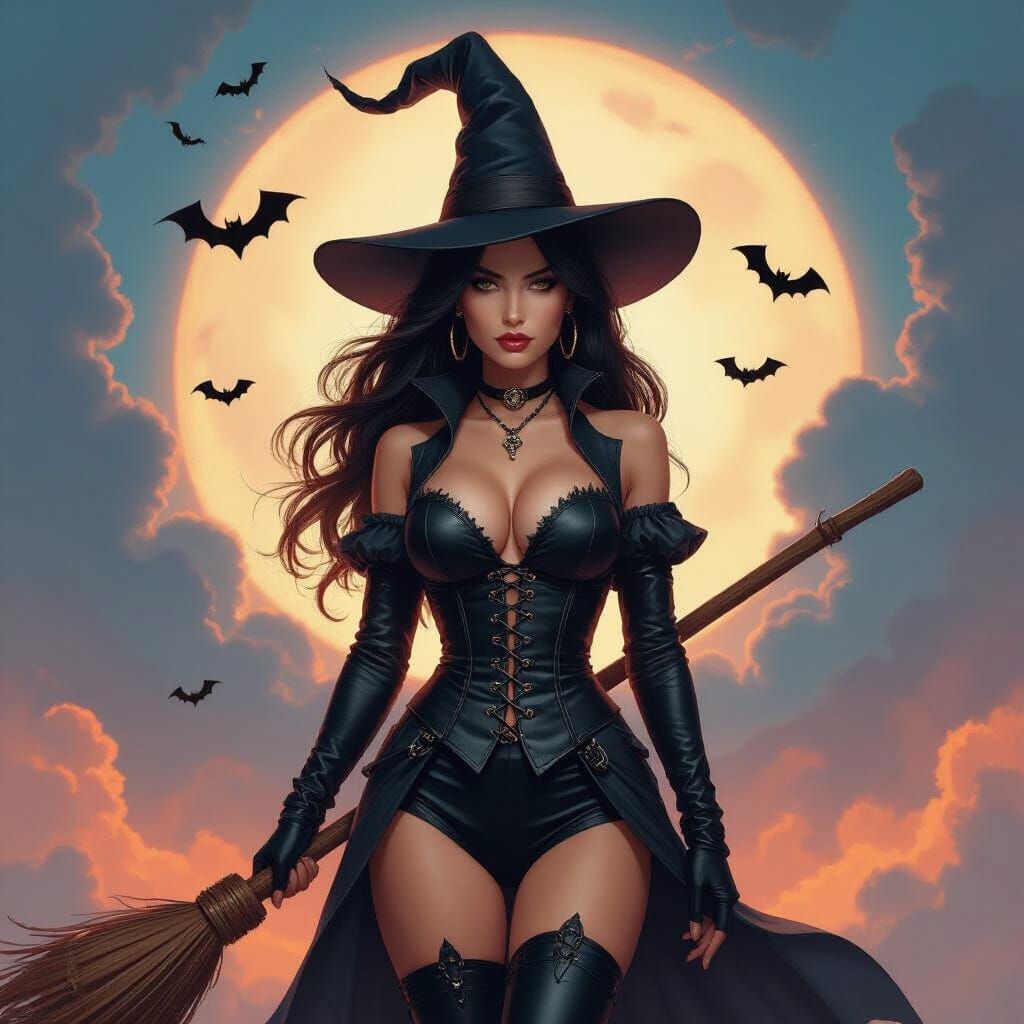 Mystical Witch in Swirling Sky with Bats