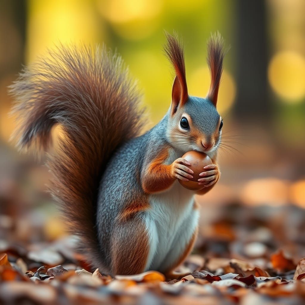 Squirrel with Acorn in Forest, Wildlife Photography