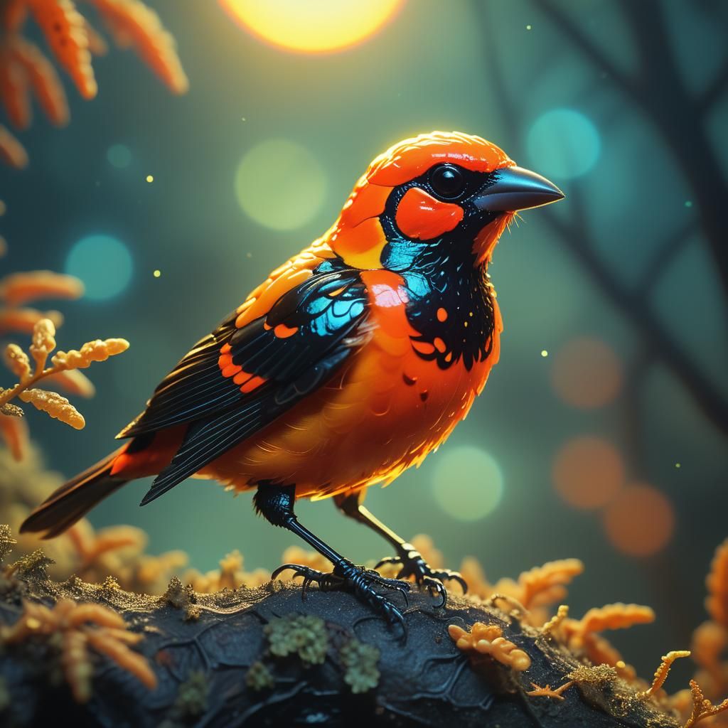 Scarlet Tanager-like Alien Creature in Surreal Biome