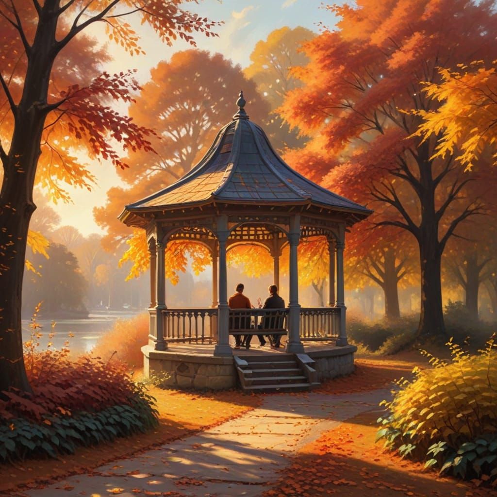 Romantic Gazebo Scene in Impressionistic Oil Painting Style