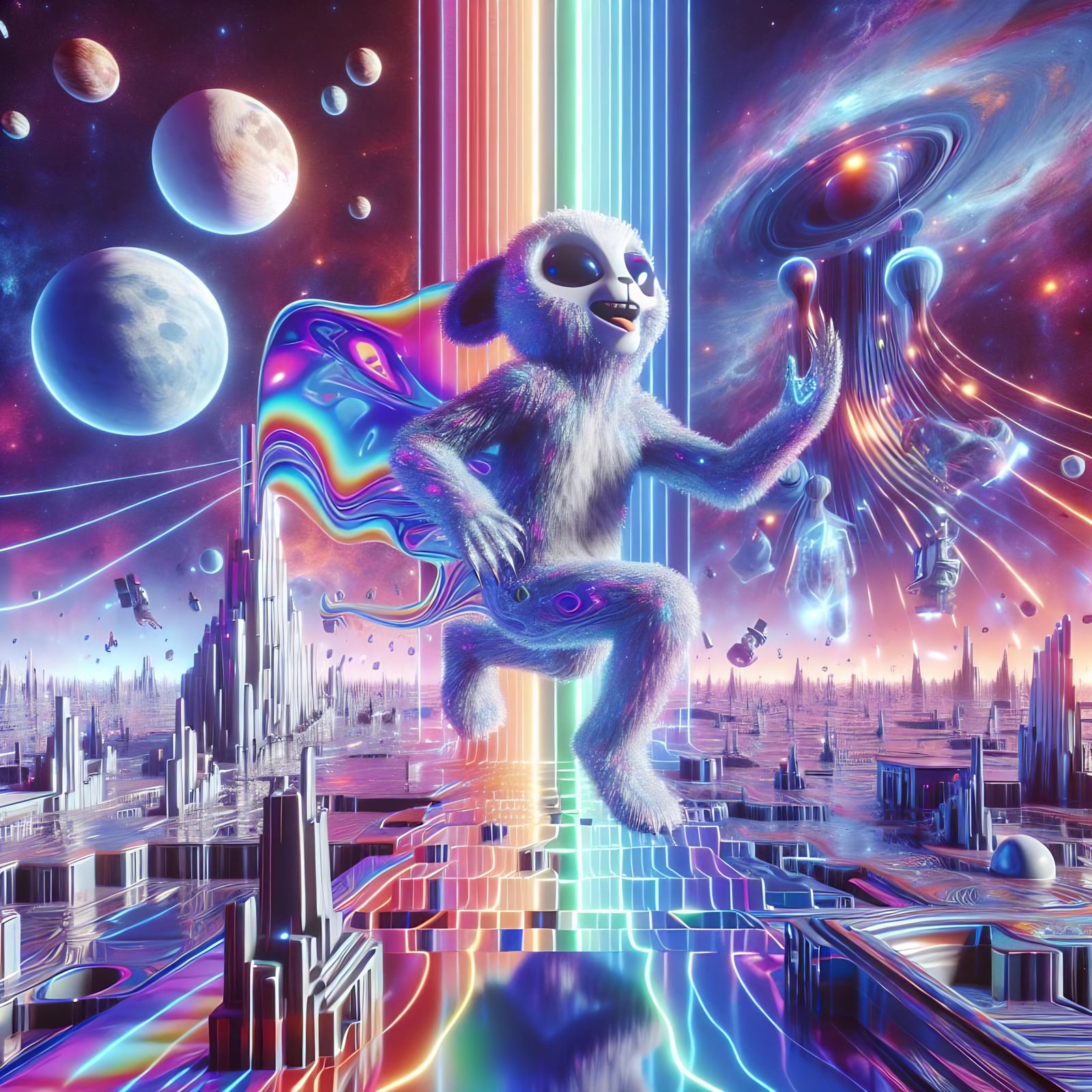 Alien Panda in Surreal Cosmic Landscape: 3D Render