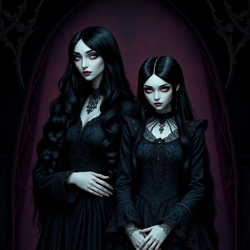 Ethereal Addams Family Matriarch and Daughter in Dark Gothic...
