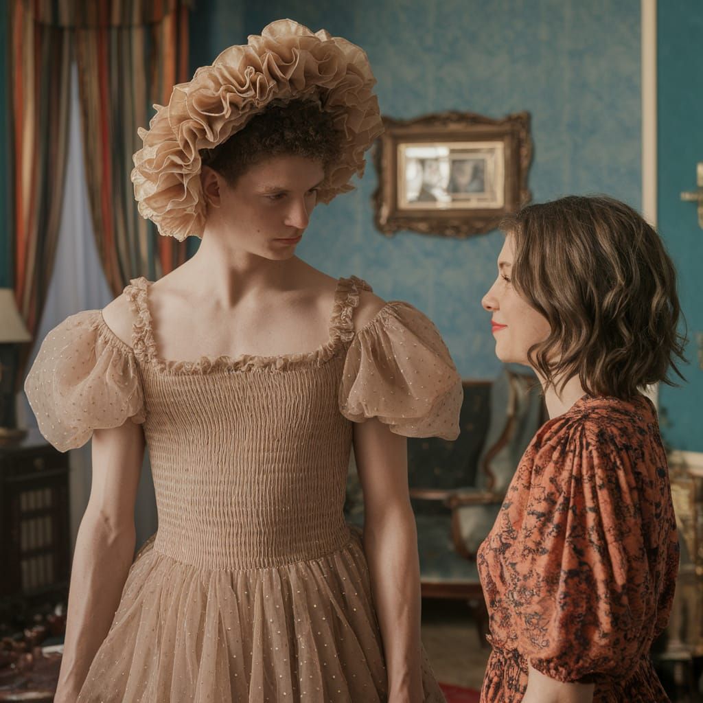 Worried Young Man in Ruffle Bonnet and Tulle Dress