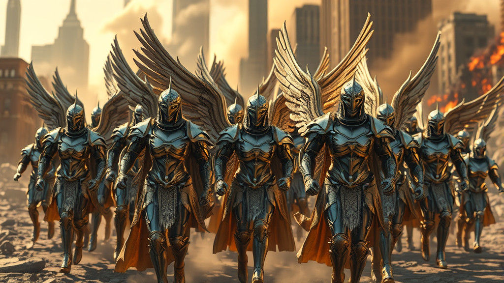 Angels Marching to Destroyed City in 35mm Film Style