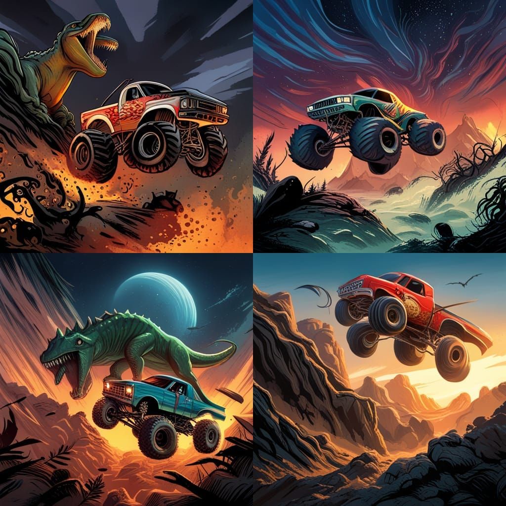 Monster Truck Jumps Dinosaur in Comic Book Art