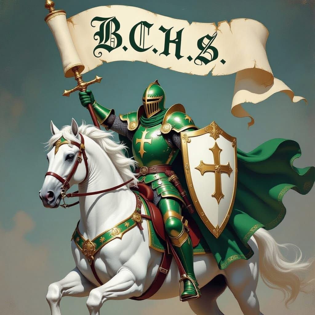 Green and Gold Knight on White Horse with Cross Shield