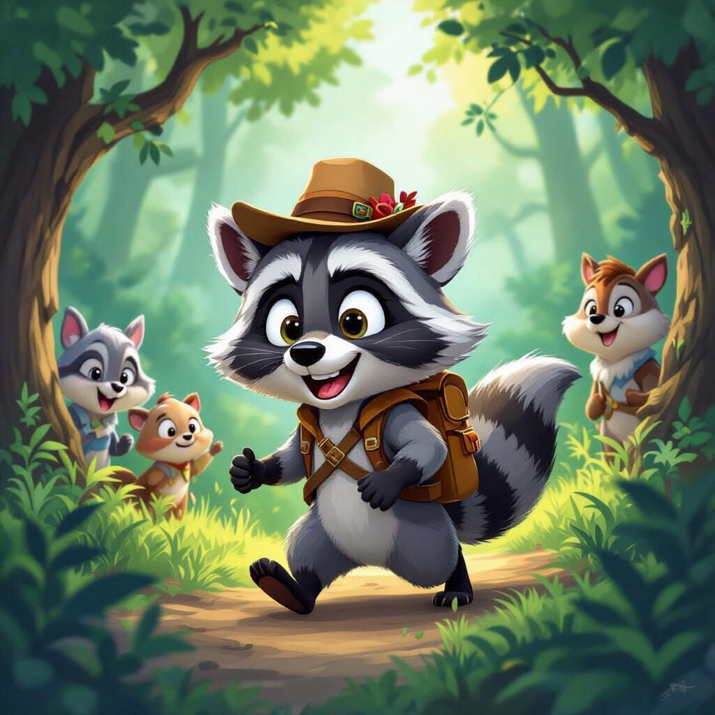 Adventurous Cartoon Raccoon Explorer in Whimsical Forest
