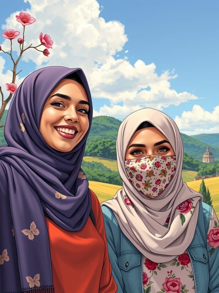 Comic Book Portrait of Two Friends in Hijab