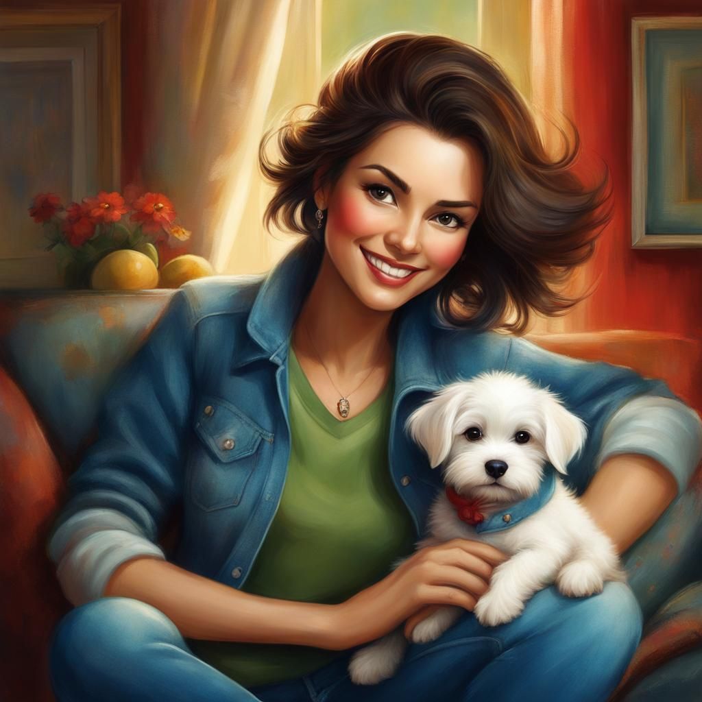 Friendly Woman and Her Happy Puppy in a Vibrant Illustration