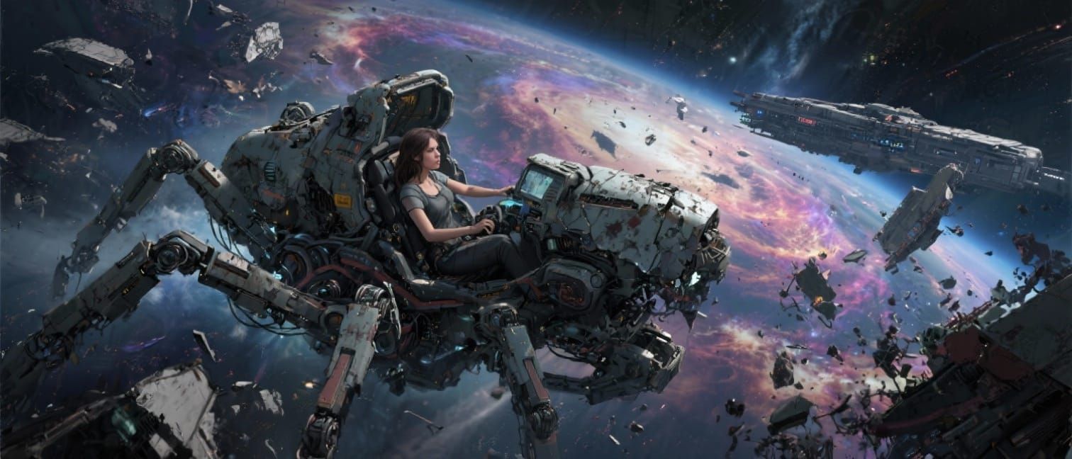 Lone Pilot Amidst Space Battle Wreckage