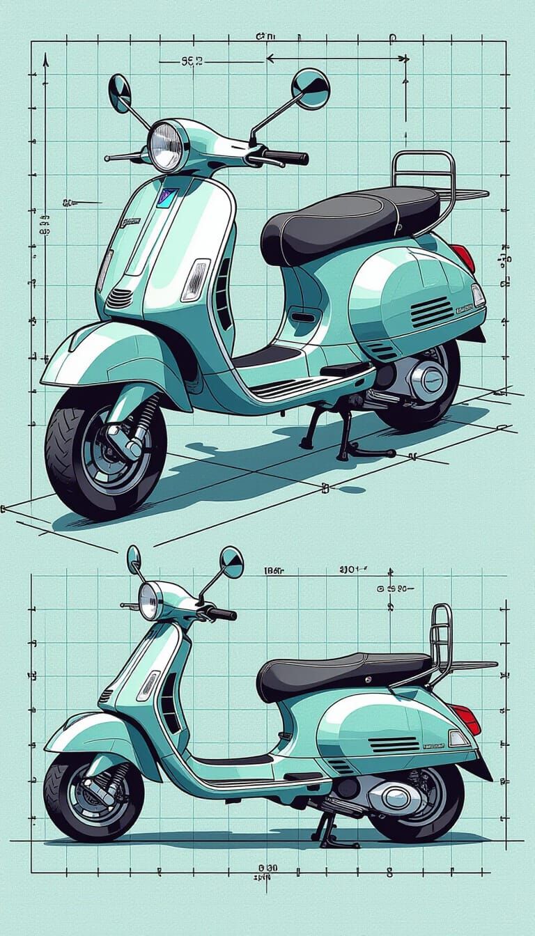 Classic Vespa Scooter Blueprint in Syd Mead Style