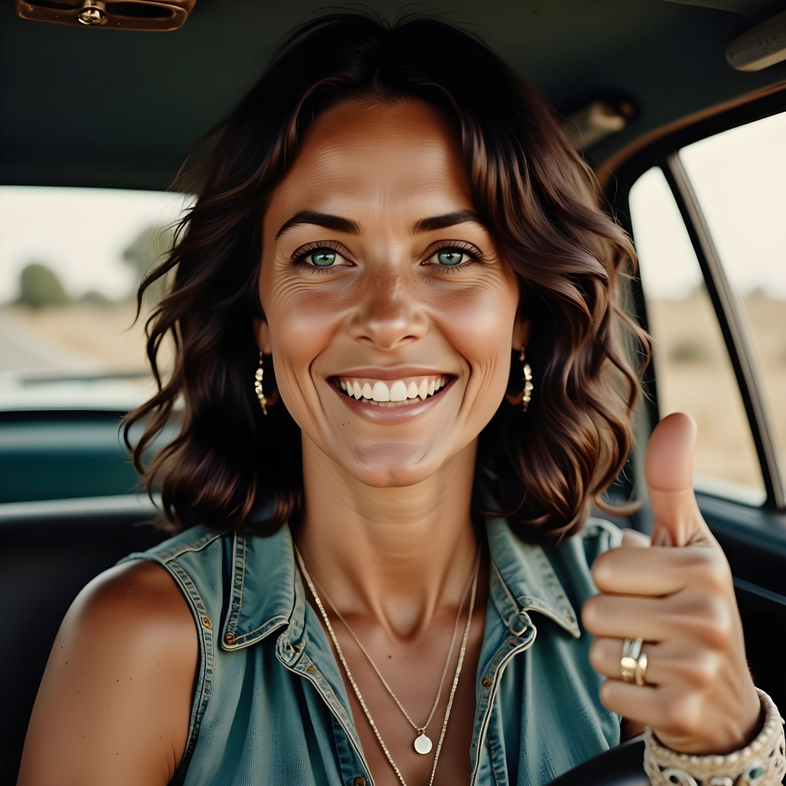 Retro Boho Chic Portrait of a Woman in a Car