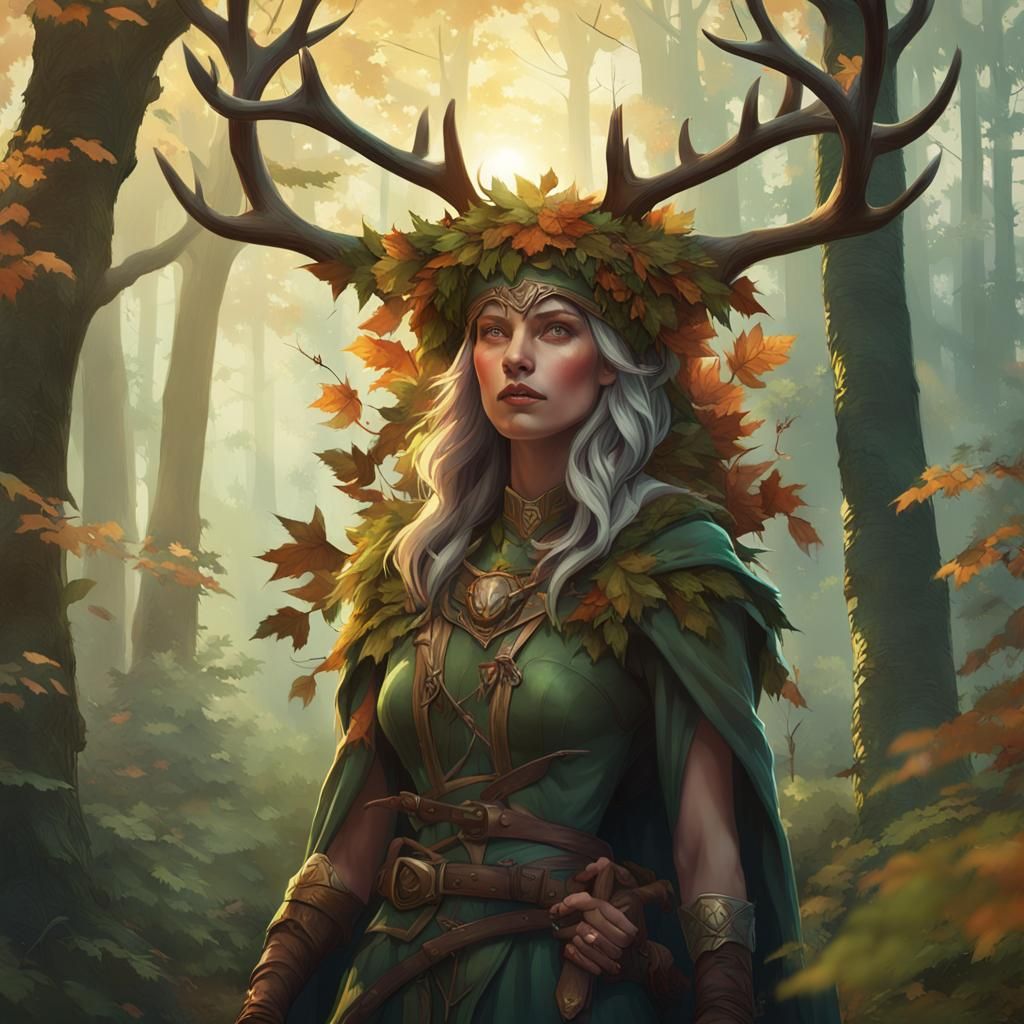 Forest Witch Portrait with Fairies in Art Nouveau Style