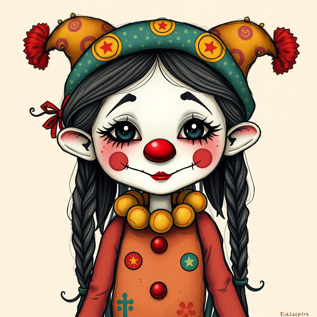 Hippie Clown Girl in Psychedelic Art Brut Style