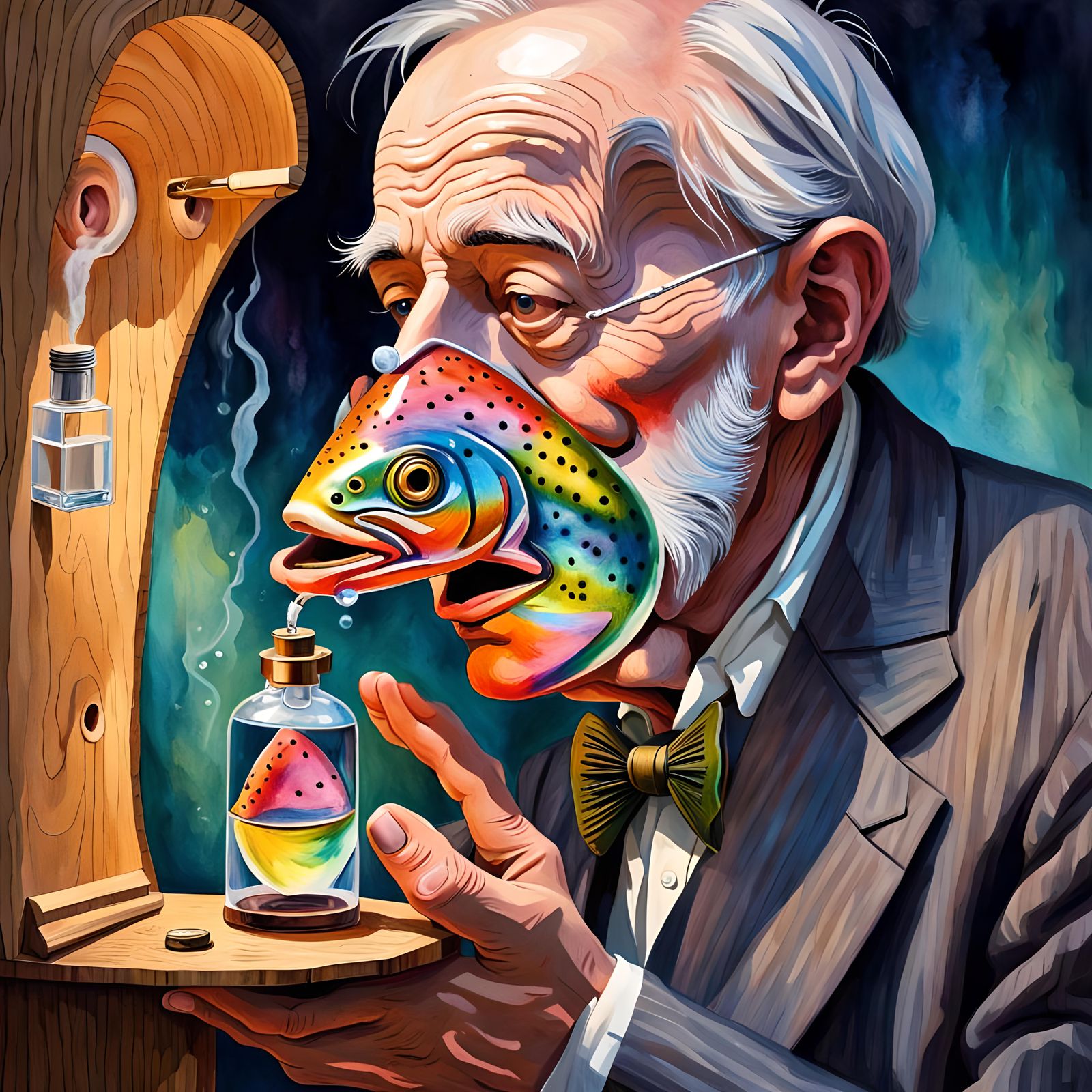 Surreal Rainbow Trout Mask Scene
