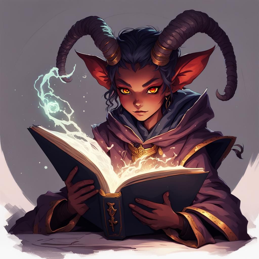 Anime Fantasy Tiefling Warlock Reading Sinister Tome