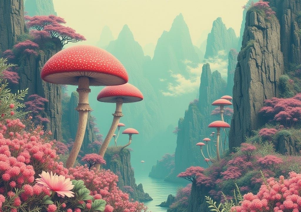 Ukiyo-e Mountain Beach Scene with Floral Elements