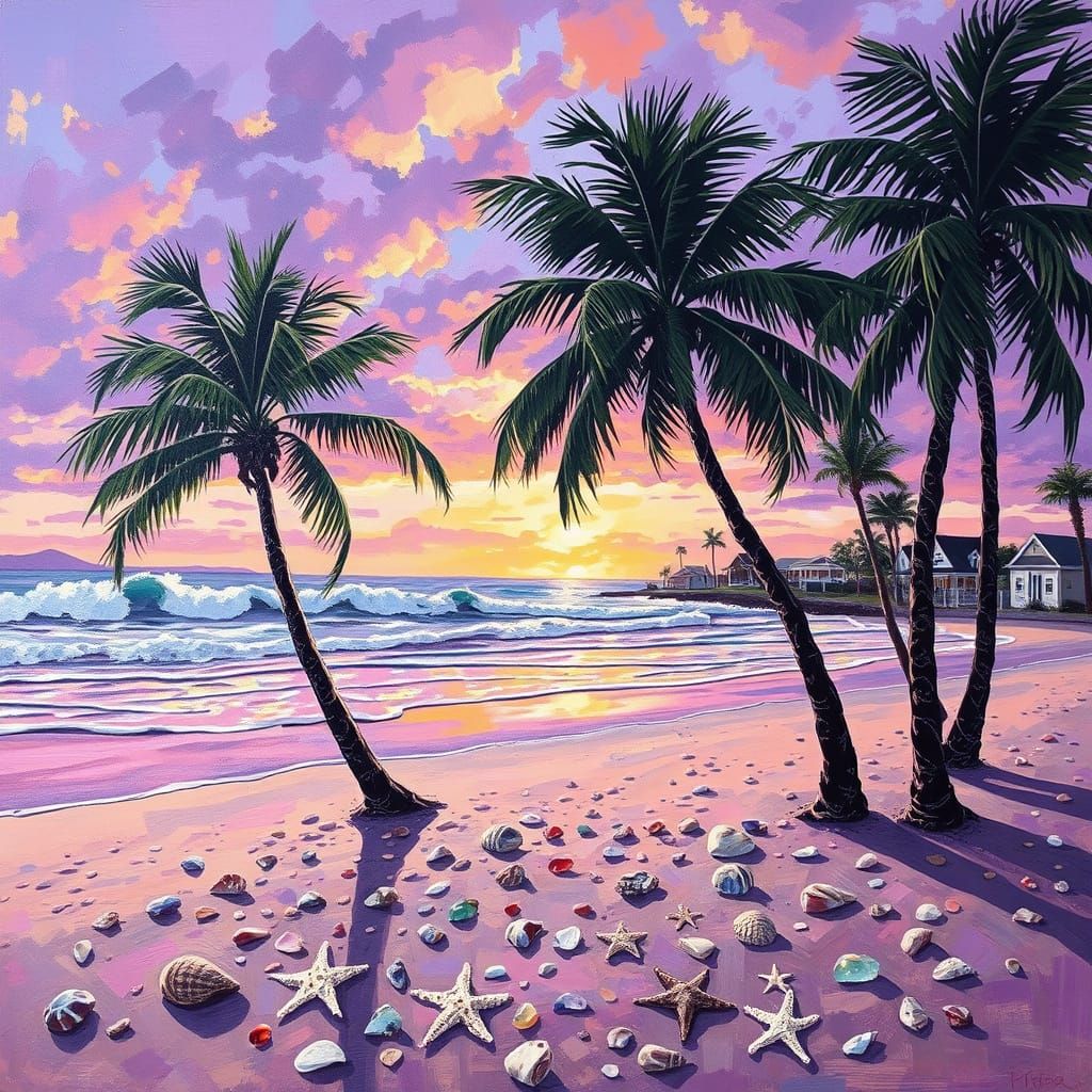 Purple Sunset Palm Beach: Abstract Oil Painting