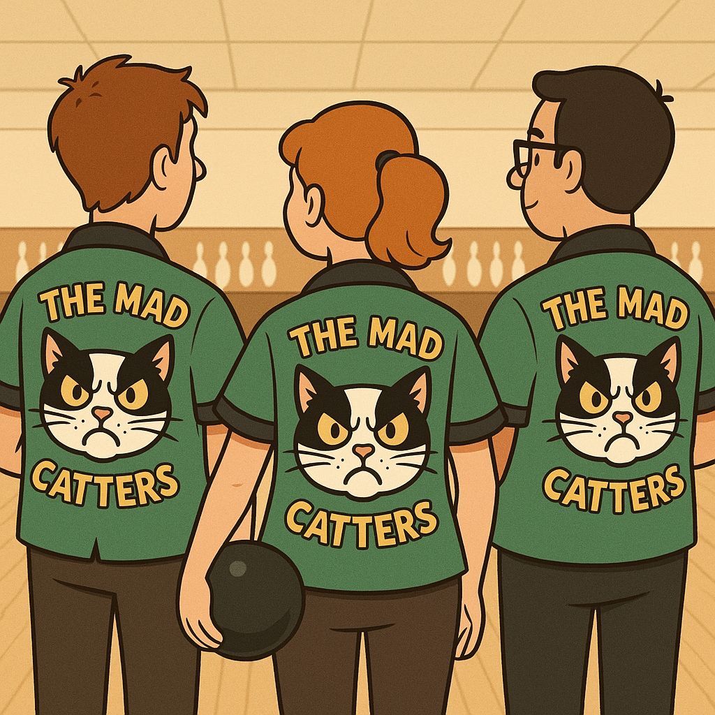 Bowling Team Cartoon with Cat Logo on Shirts