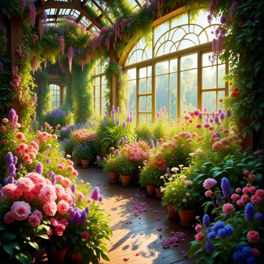 Enchanted Greenhouse Bursting with Magical Flowers