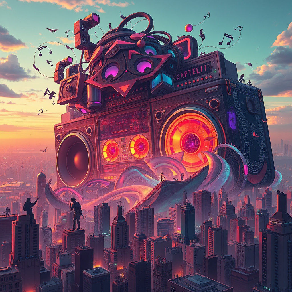 Colossal Boombox Cityscape: Surreal Soundwave Dreamscape