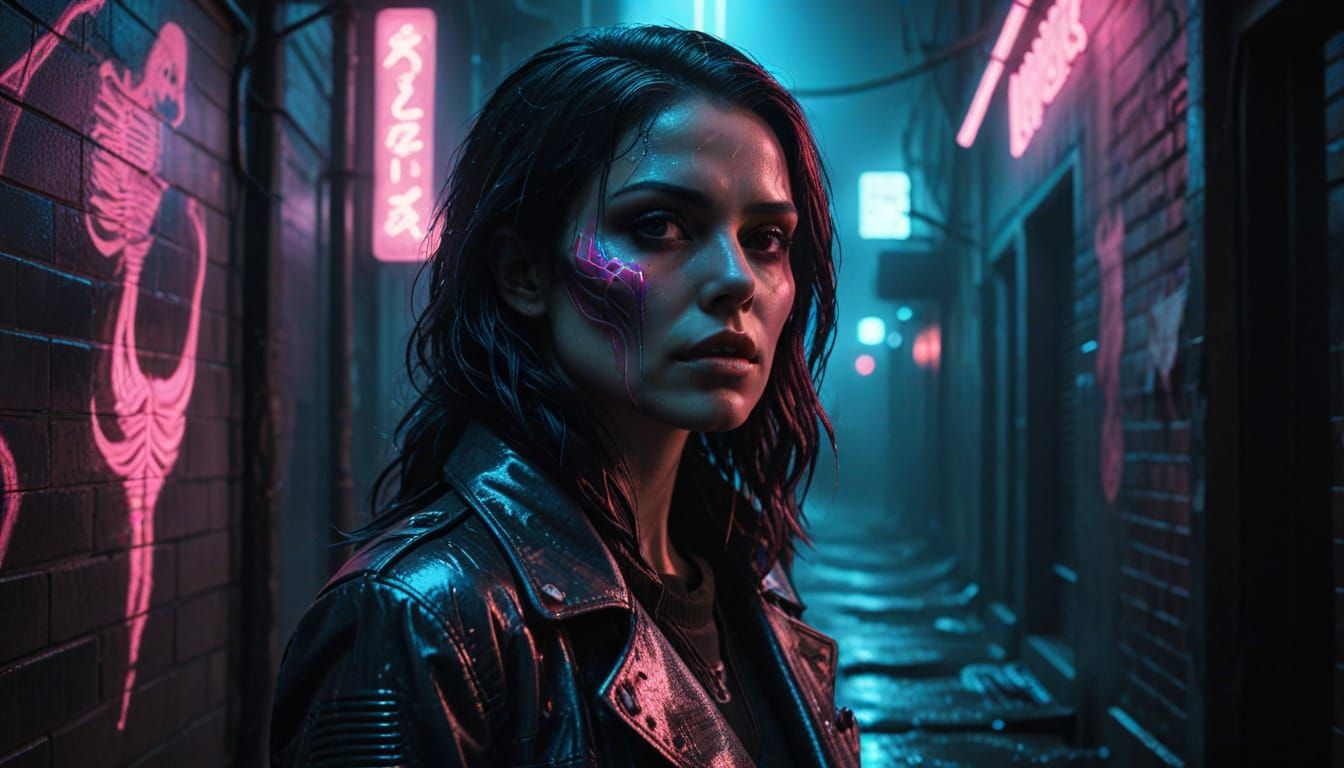 Neon Synthwave Woman in Dark City Alley