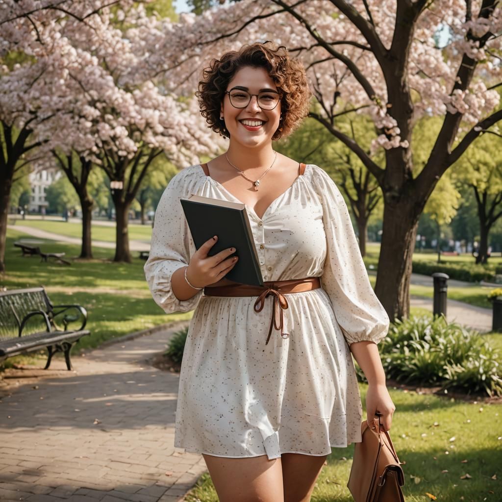 Curvy Woman in Summer Dress Holding Book