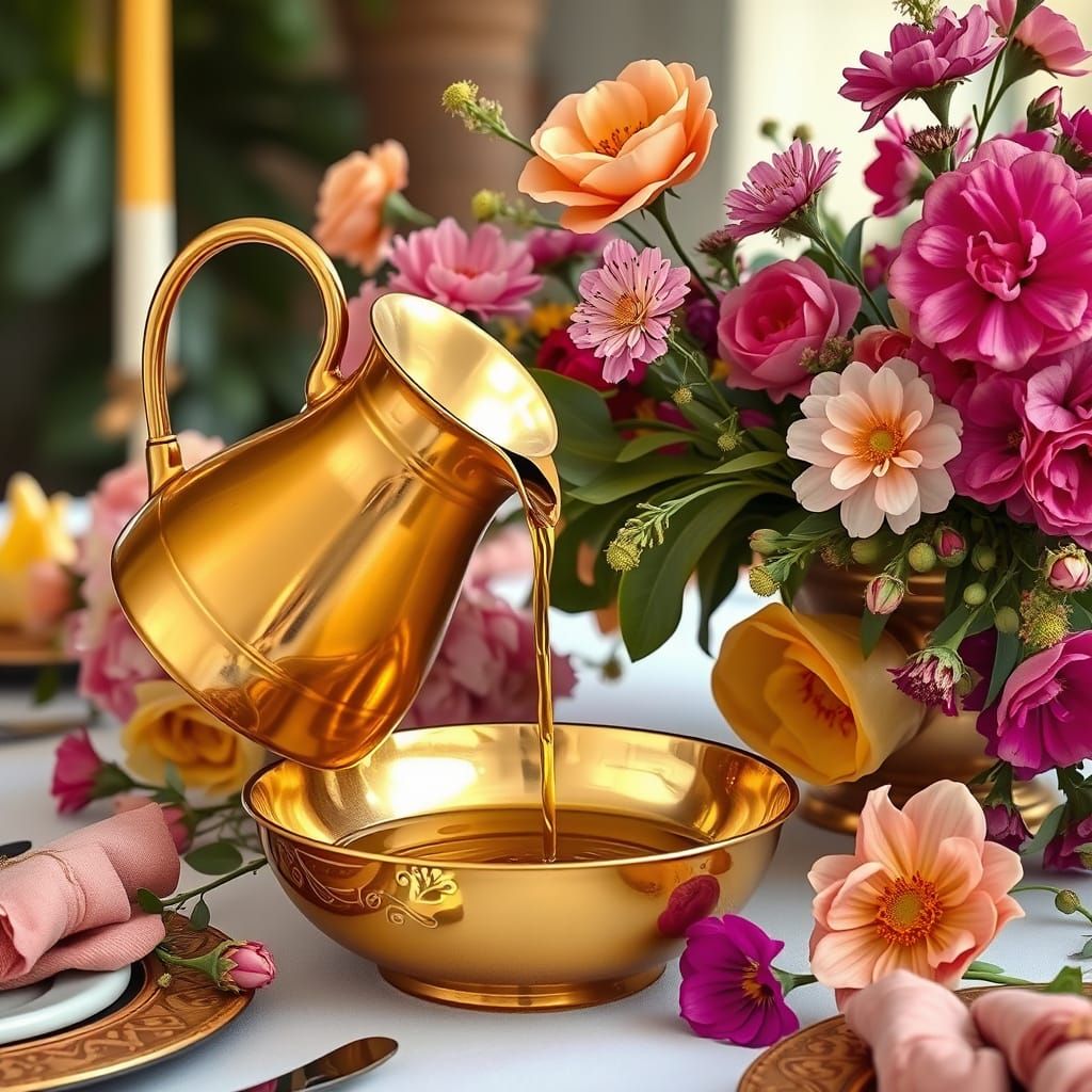 Golden Pitcher Pouring Olive Oil Still Life