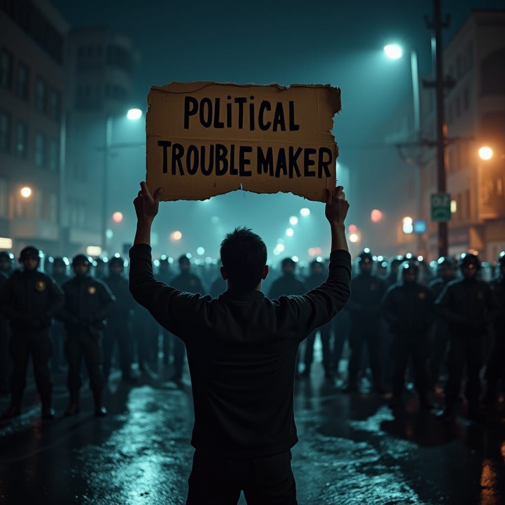 Defiant Figure Faces Police in Cinematic Film Still