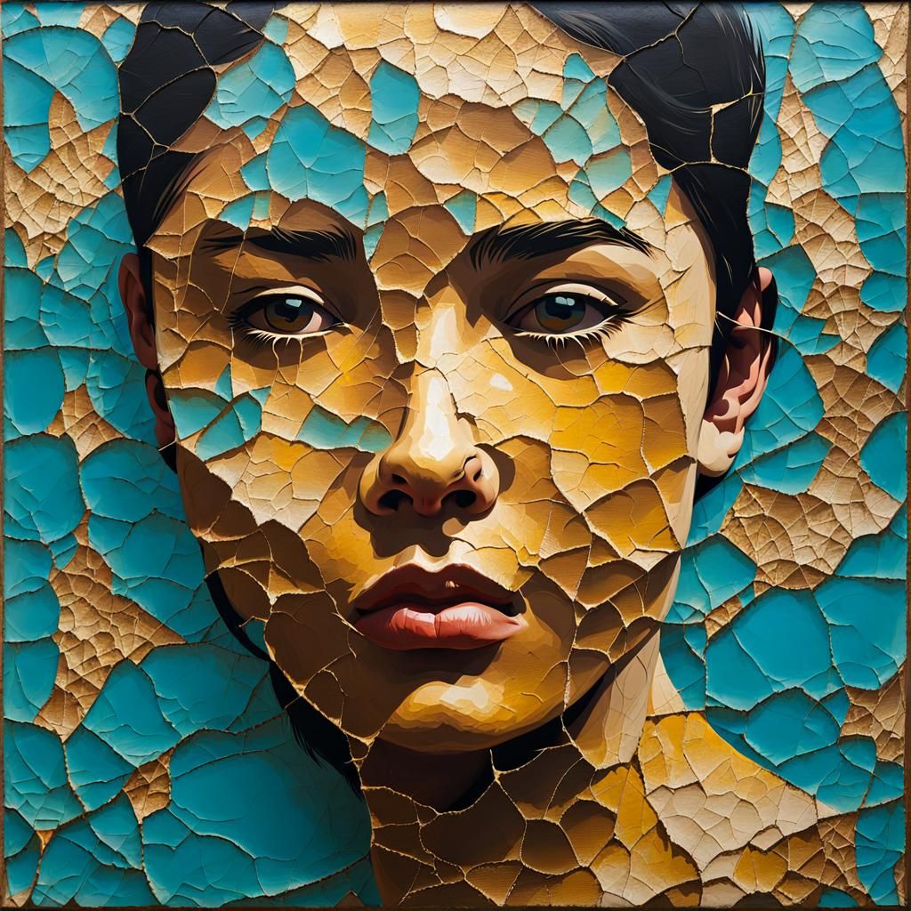 Cracked Paint Seaside Portrait in Vintage Impasto Style
