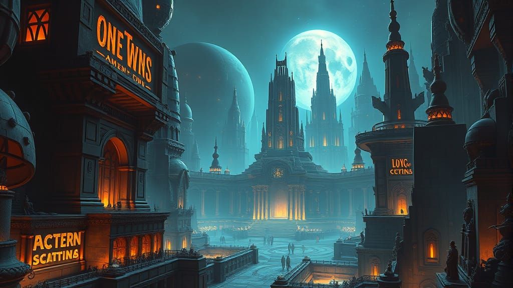 Alien Cityscape with Inscriptions in Retro Sci-Fi Style